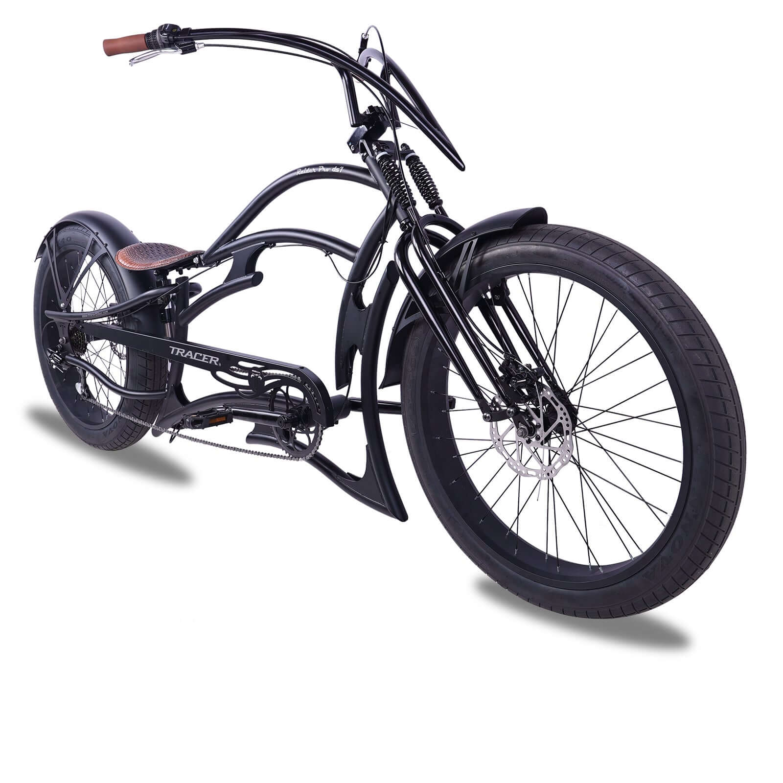 Front view of the black Raider Pro DS7 Stretched Chopper Bike with all black rims and wheels. 