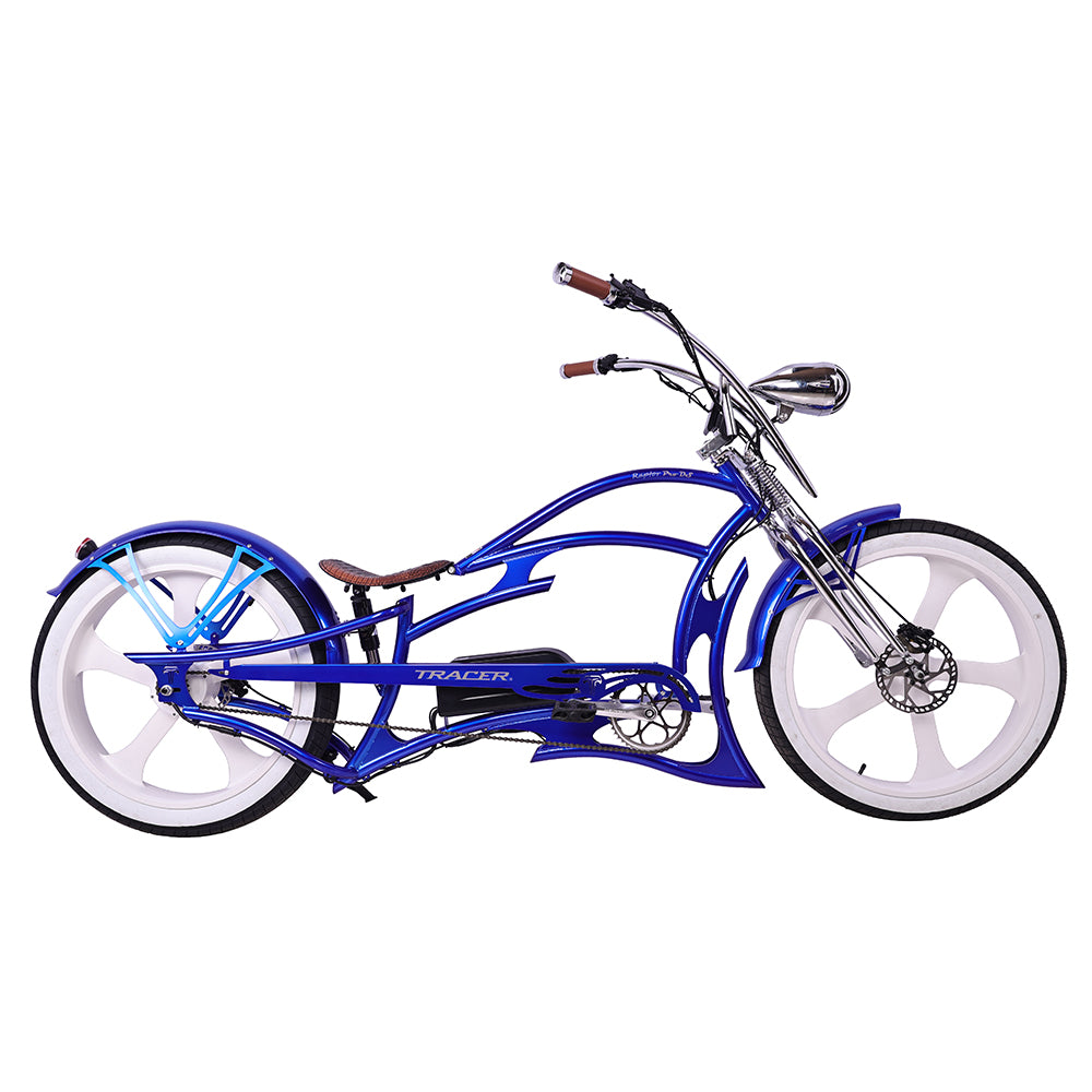 Side profile of the blue Raptor Pro DS 800W electric stretched beach cruiser bike