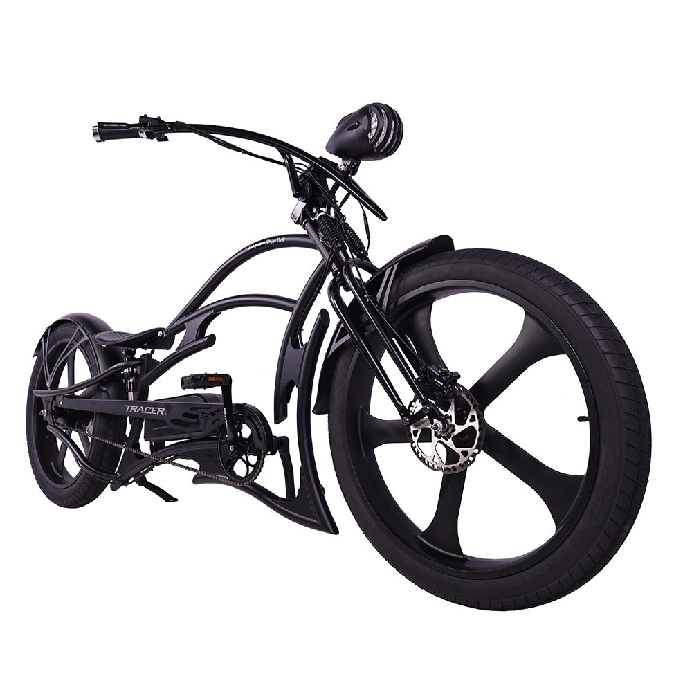 Black Raptor Pro DS 800W Electric Stretched Beach Cruiser bike, details of the front fork and wheel.