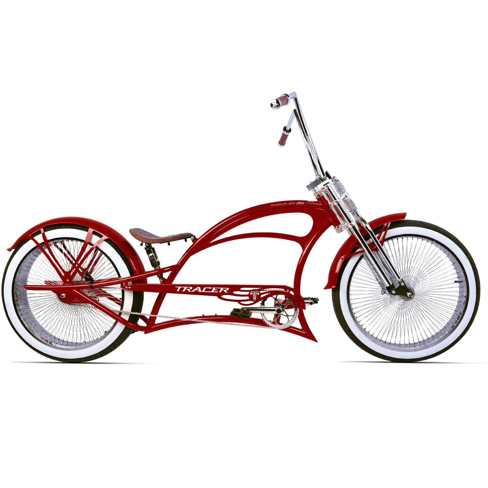 Scorpion Pro DTS 26” Stretch Chopper Cruiser Bicycle in vibrant red with chrome accents and FAT white wall tires.