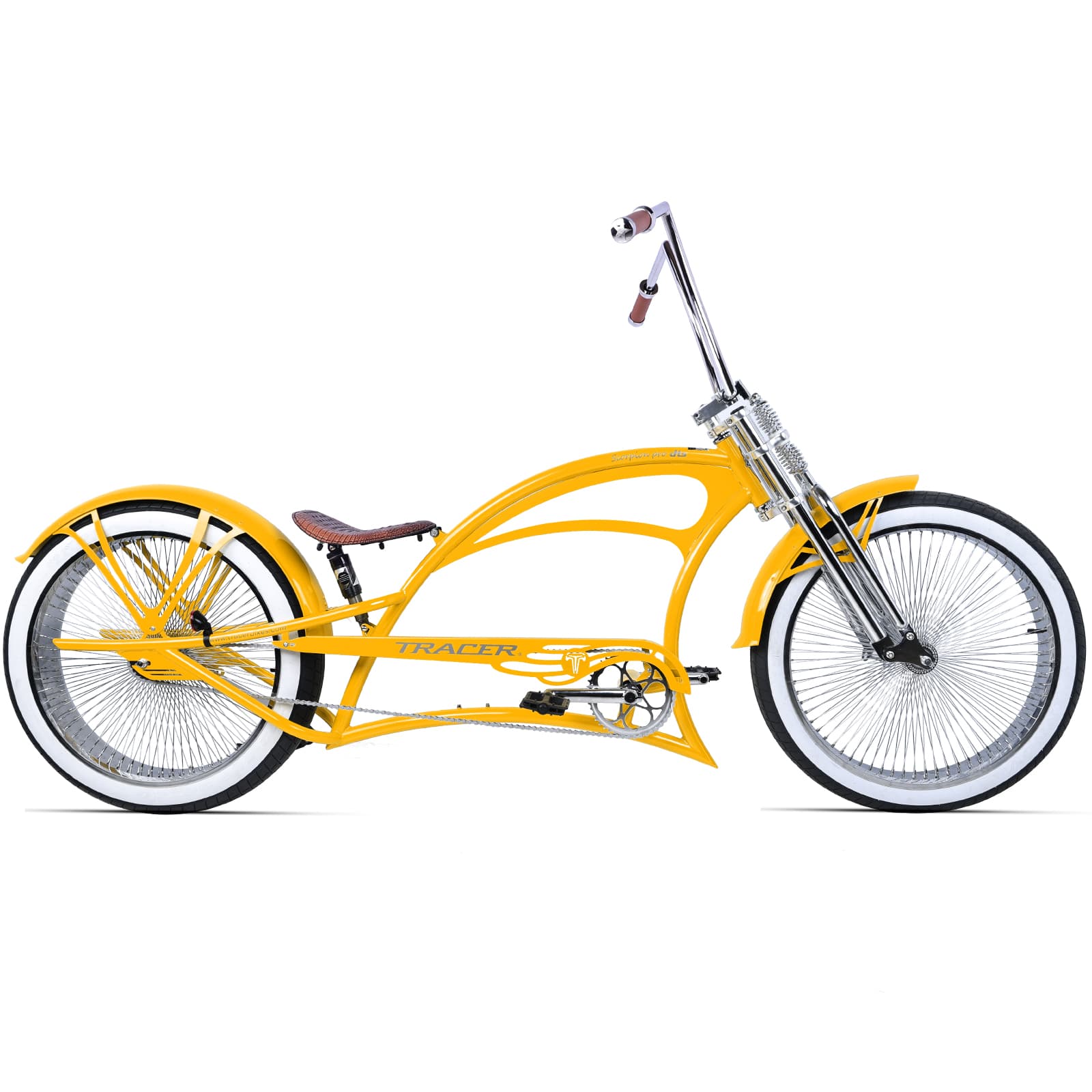 Scorpion Pro DTS 26” Stretch Chopper Cruiser Bicycle in yellow with white wall tires and chrome accents.