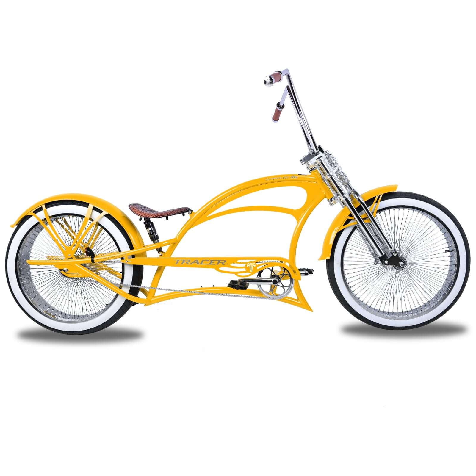 Scorpion Pro DTS 26” Stretch Chopper Cruiser Bicycle in yellow, featuring oversized steel frame and retro handlebar design.