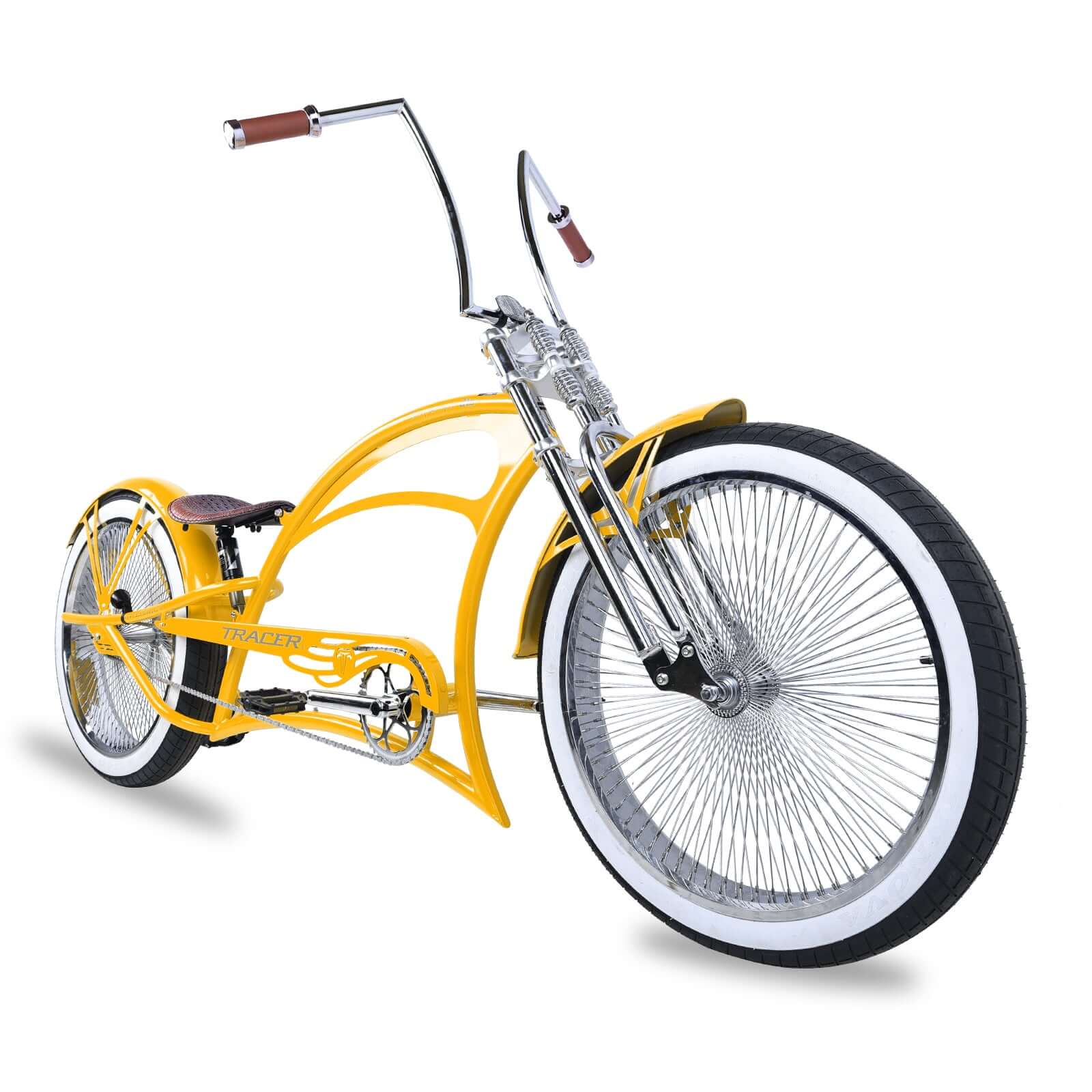 Scorpion Pro DTS 26” Stretch Chopper Cruiser Bicycle in yellow with white wall tires and chrome accents.