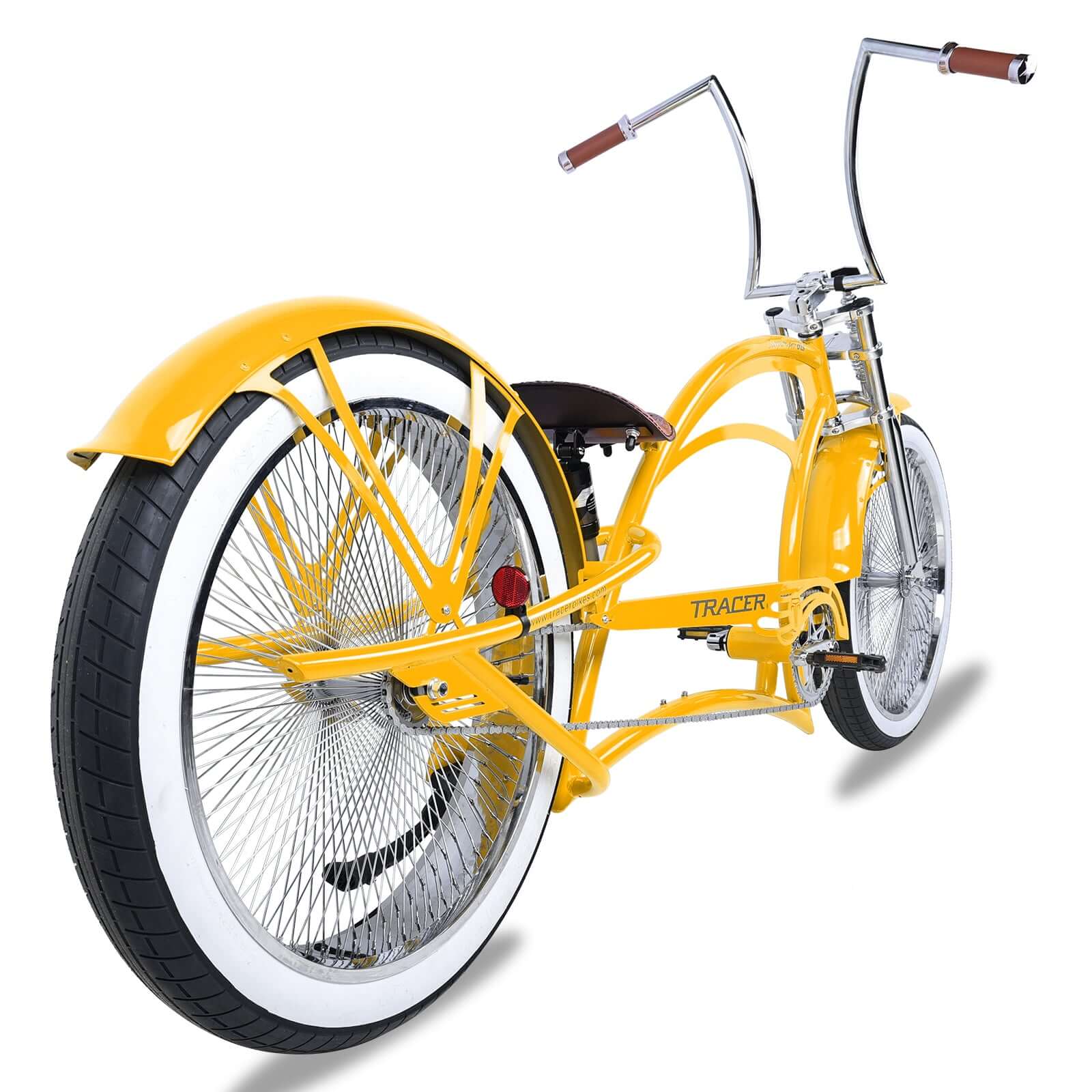 Scorpion Pro DTS 26” Stretch Chopper Cruiser Bicycle in vibrant yellow with oversized chrome wheels and retro handlebars.