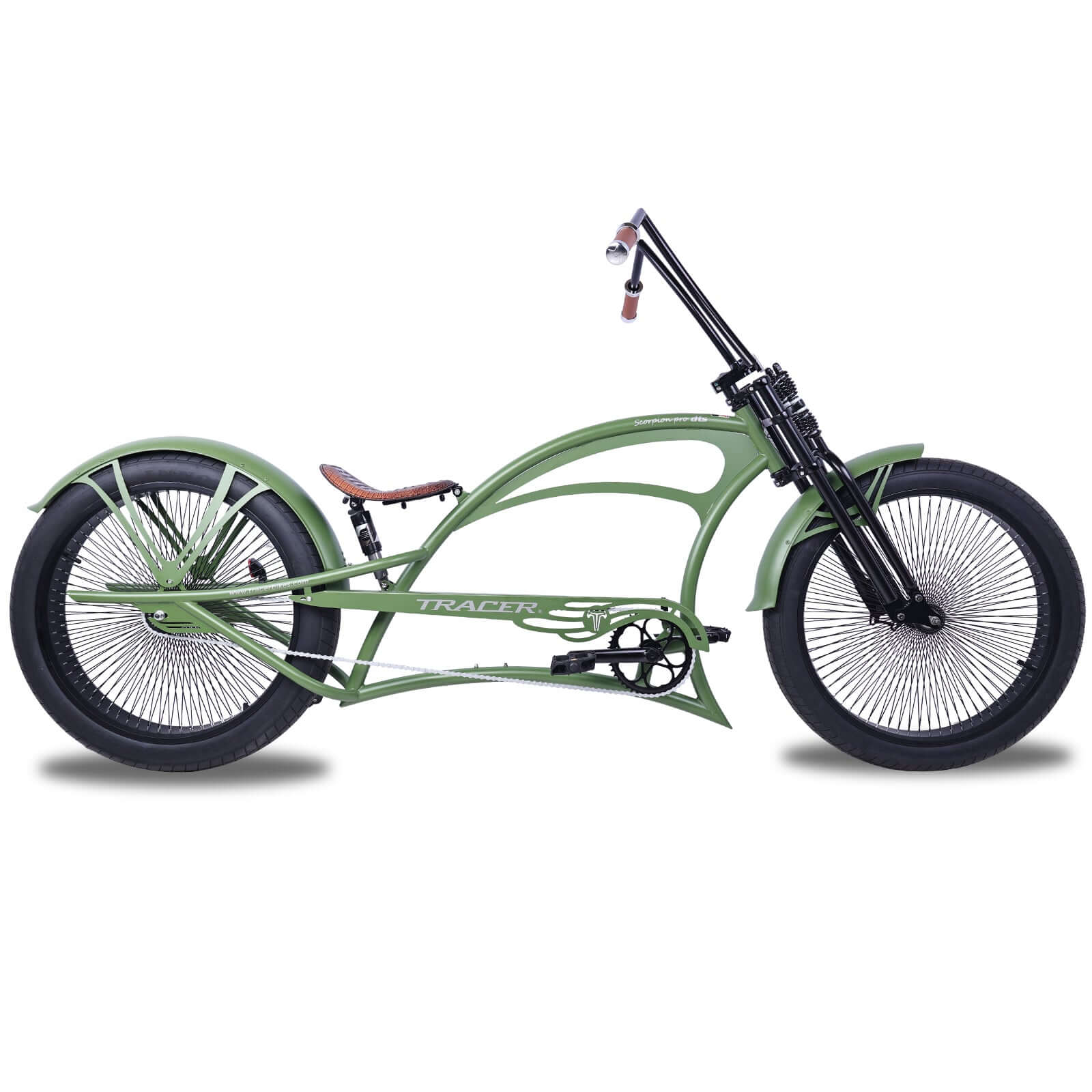 Scorpion Pro DTS 26” Stretch Chopper Cruiser Bicycle with oversized steel frame and retro design.