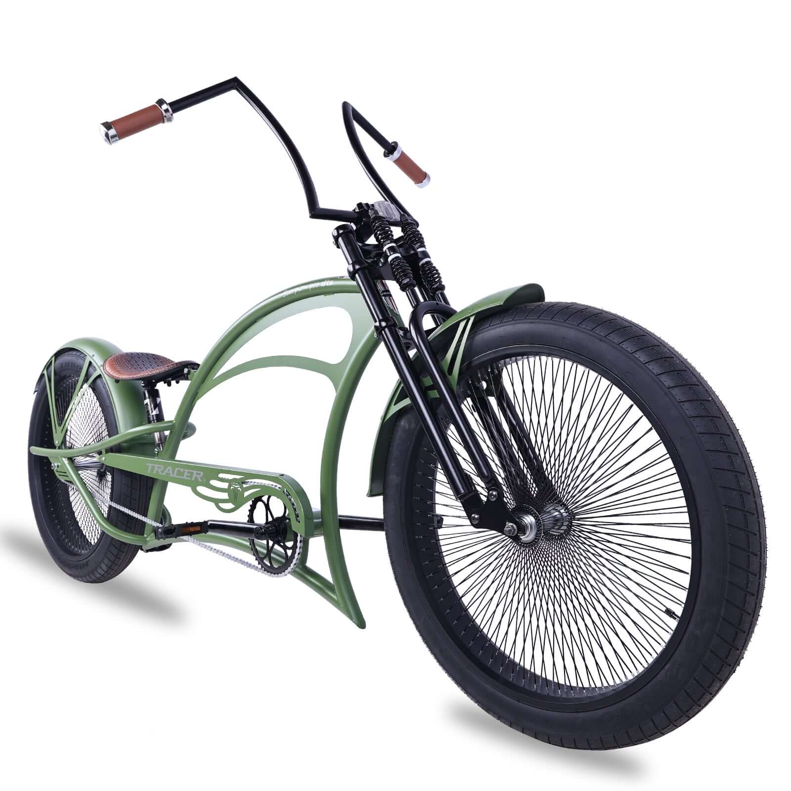 Scorpion Pro DTS 26” Stretch Chopper Cruiser Bicycle in green with oversized frame and retro handlebars.