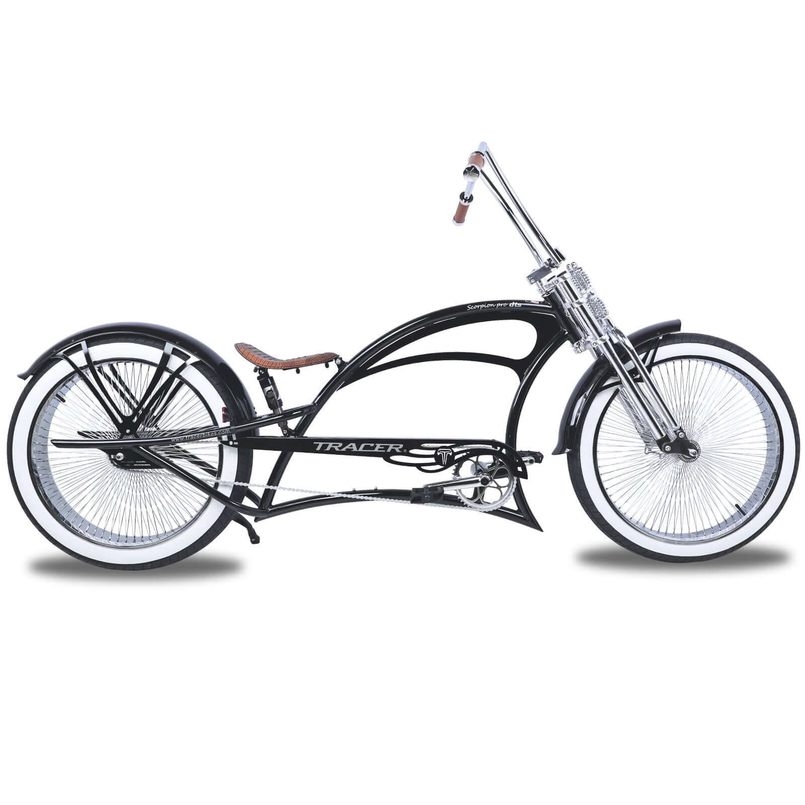 Tracer Scorpion Pro DTS 26" Stretch Chopper Cruiser Bicycle in black with retro design and white wall tires.