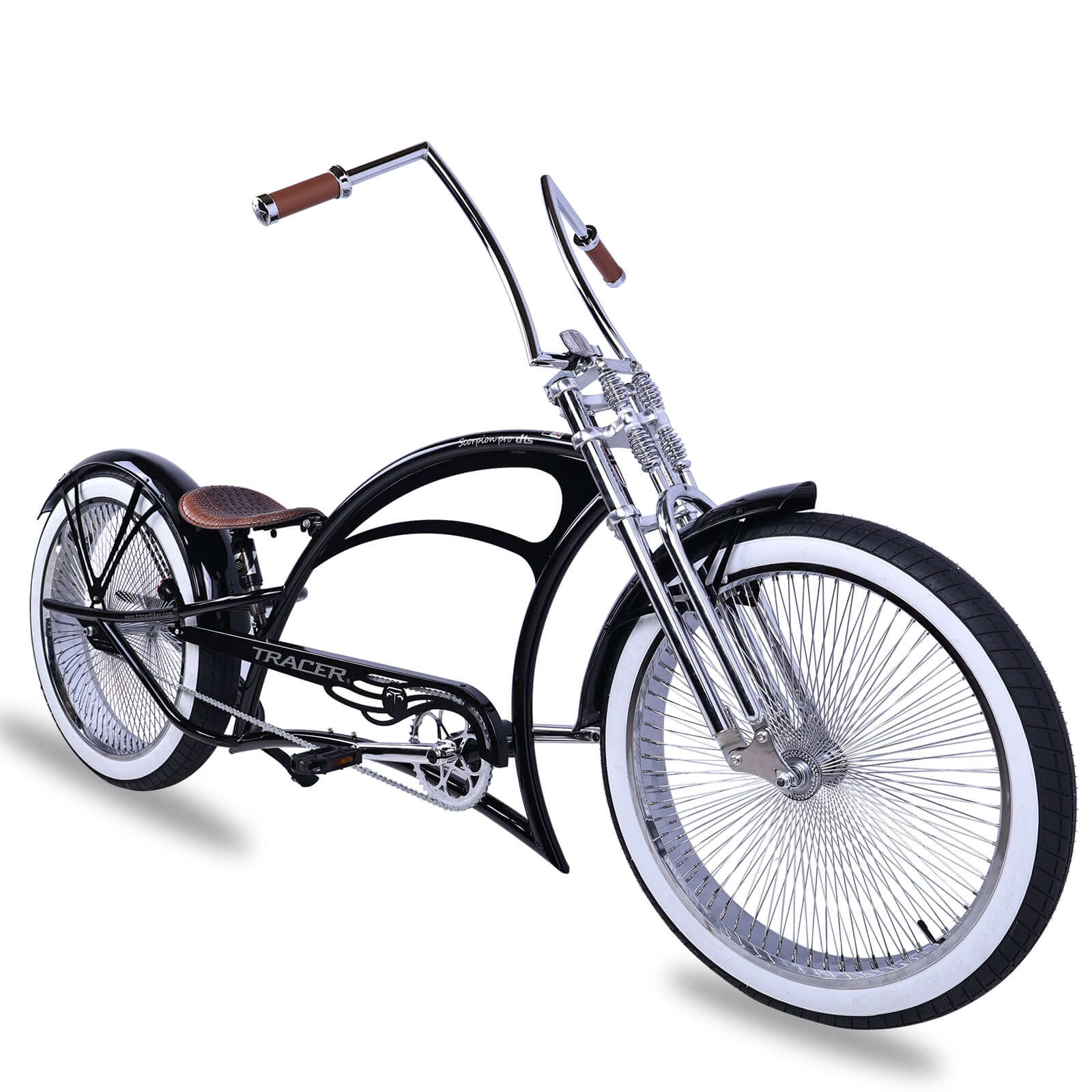 Tracer Scorpion Pro DTS 26” Stretch Chopper Cruiser Bicycle with oversized steel frame and chrome finish rims.