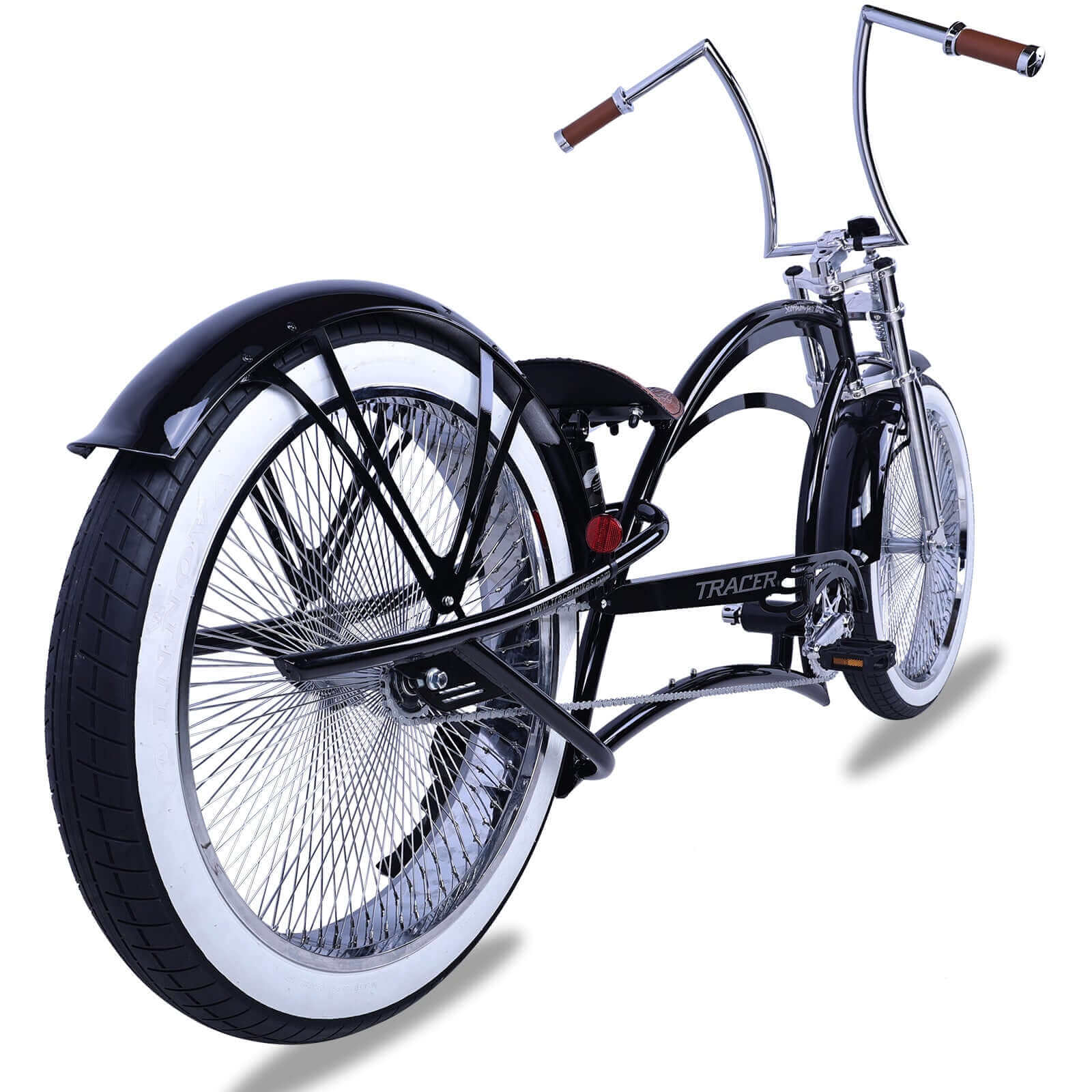 Scorpion Pro DTS 26” Stretch Chopper Cruiser Bicycle with oversized steel frame and retro white wall tires.