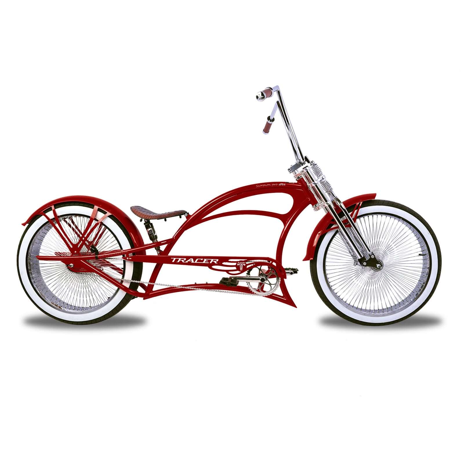 Scorpion Pro DTS 26” Stretch Chopper Cruiser Bicycle in vibrant red with chrome accents and FAT white wall tires.