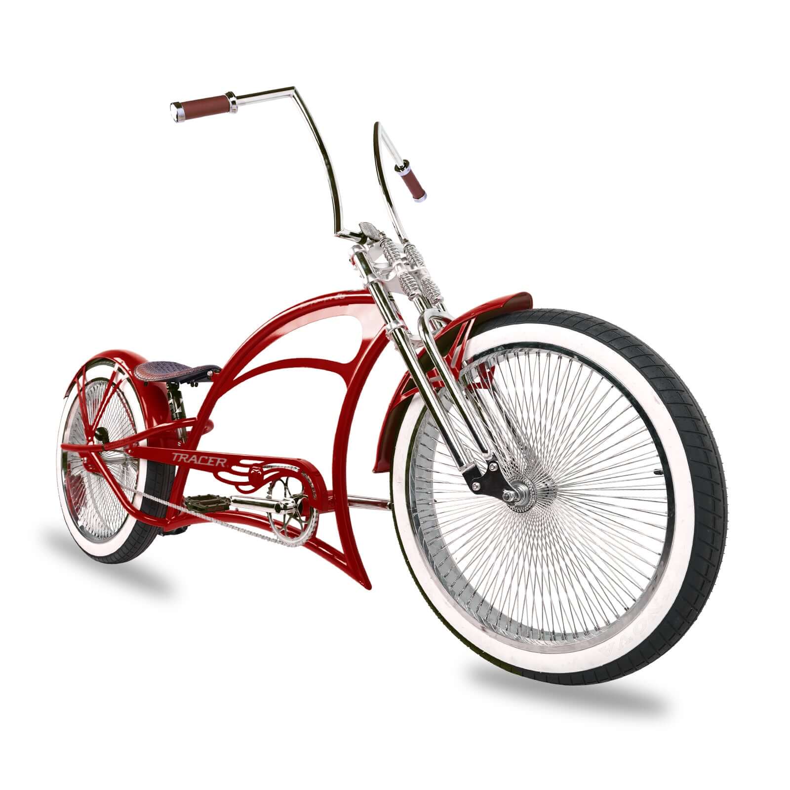 Scorpion Pro DTS 26” Stretch Chopper Cruiser Bicycle in red with oversized steel frame and retro handlebar design.