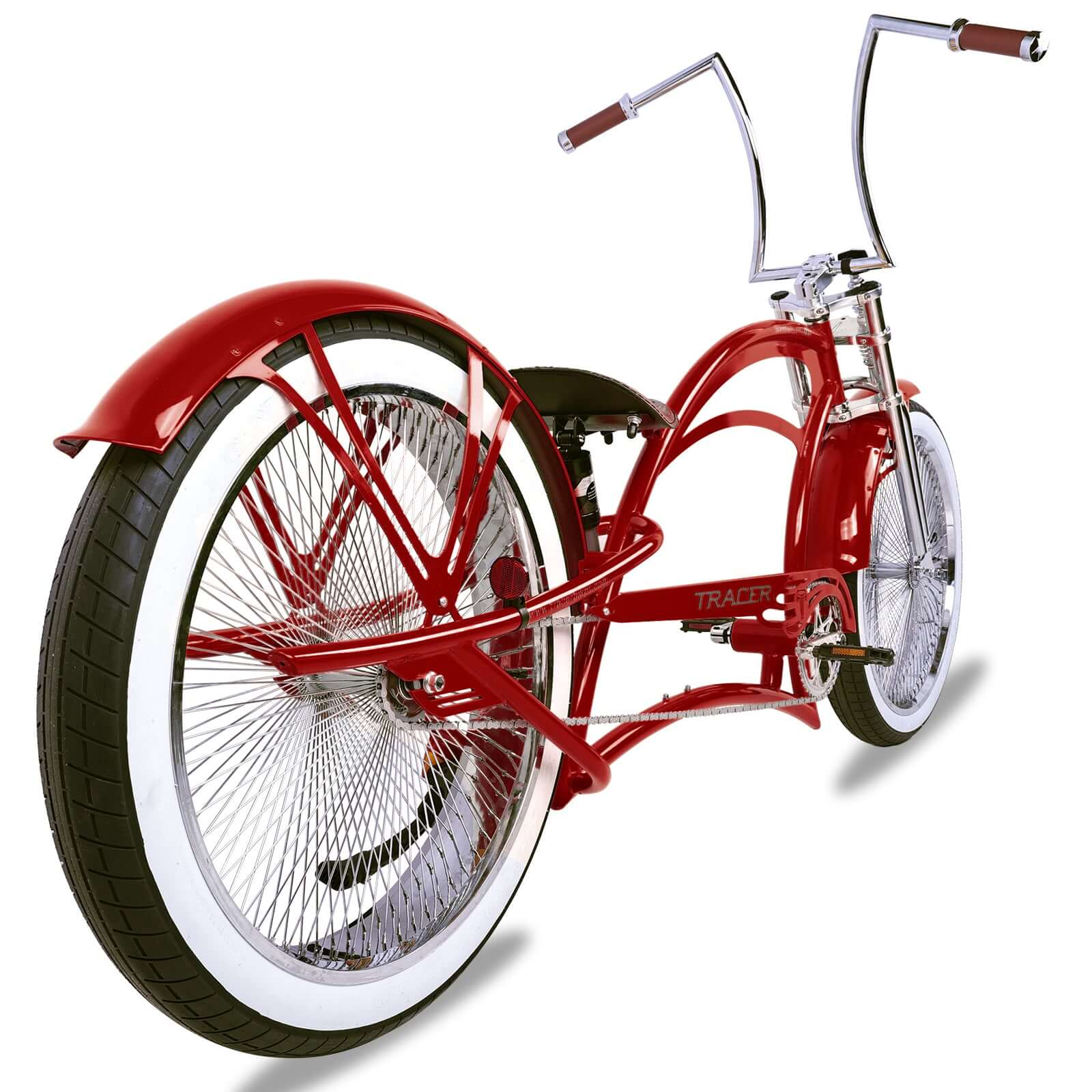 Scorpion Pro DTS 26” Stretch Chopper Cruiser Bicycle with oversized frame and white wall tires, showcasing retro design.