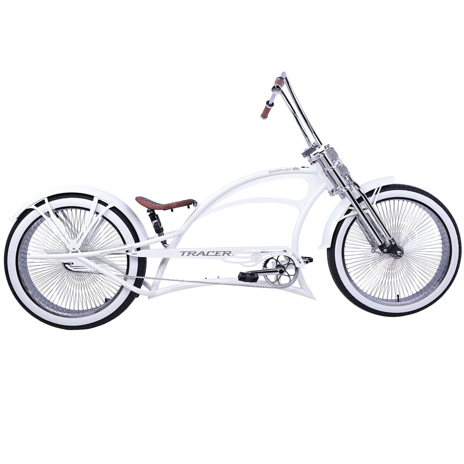 Tracer Scorpion Pro DTS 26” Stretch Chopper Cruiser Bicycle with oversized steel frame and retro design.