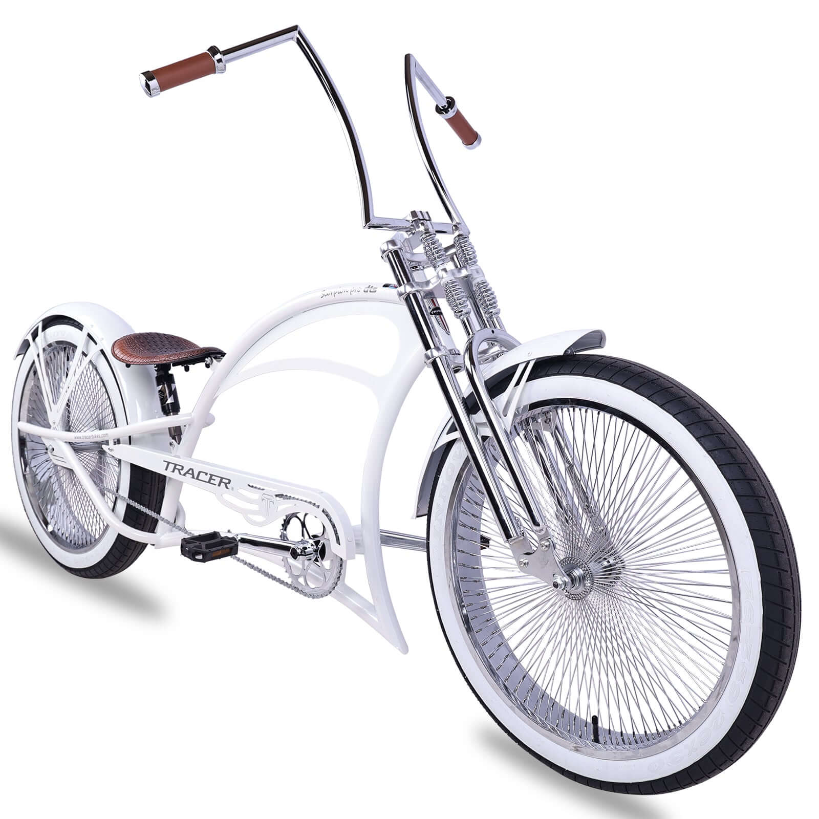 Scorpion Pro DTS 26” Stretch Chopper Cruiser Bicycle with oversized steel frame and FAT white wall tires.