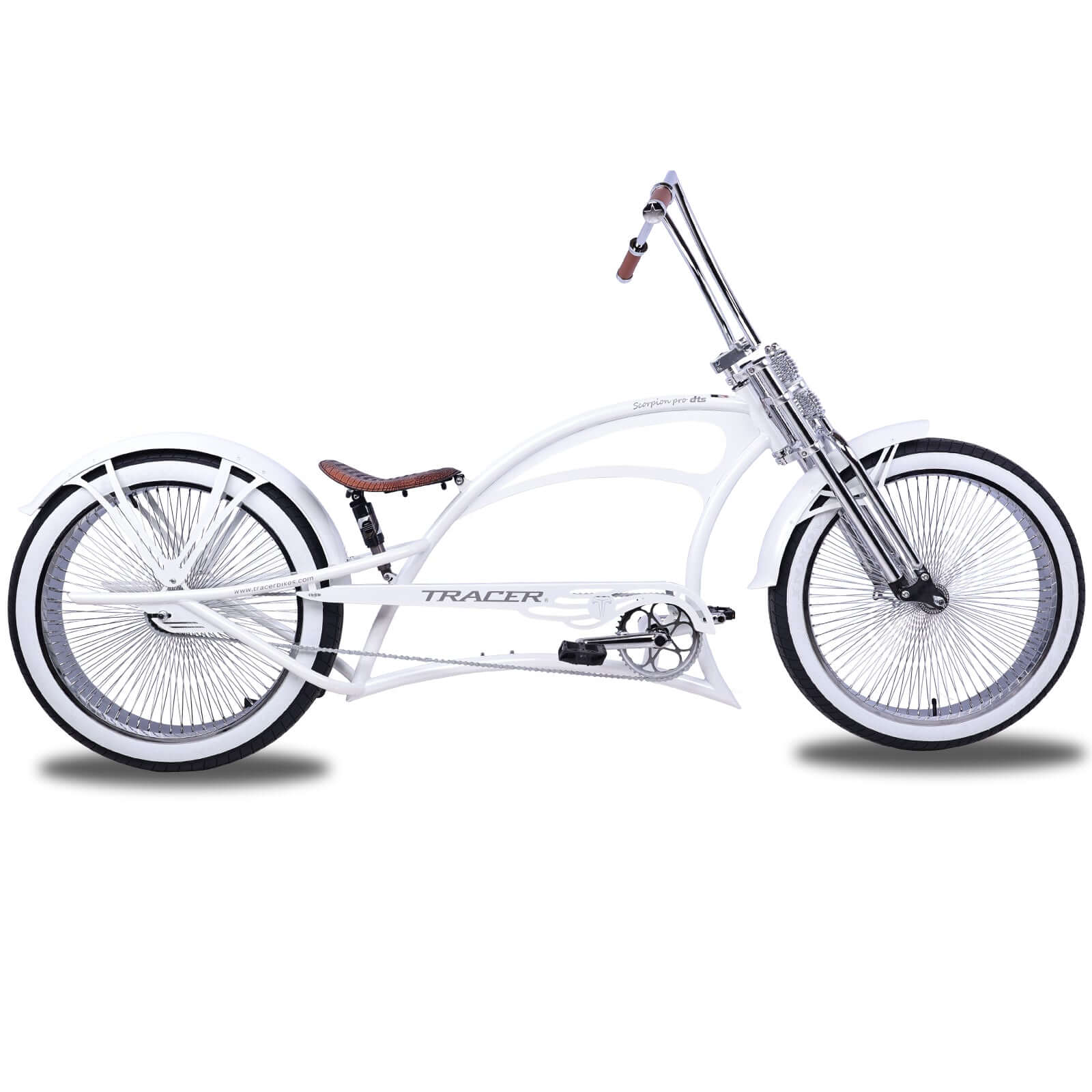 Scorpion Pro DTS 26” Stretch Chopper Cruiser Bicycle in white with retro design and wide white wall tires.