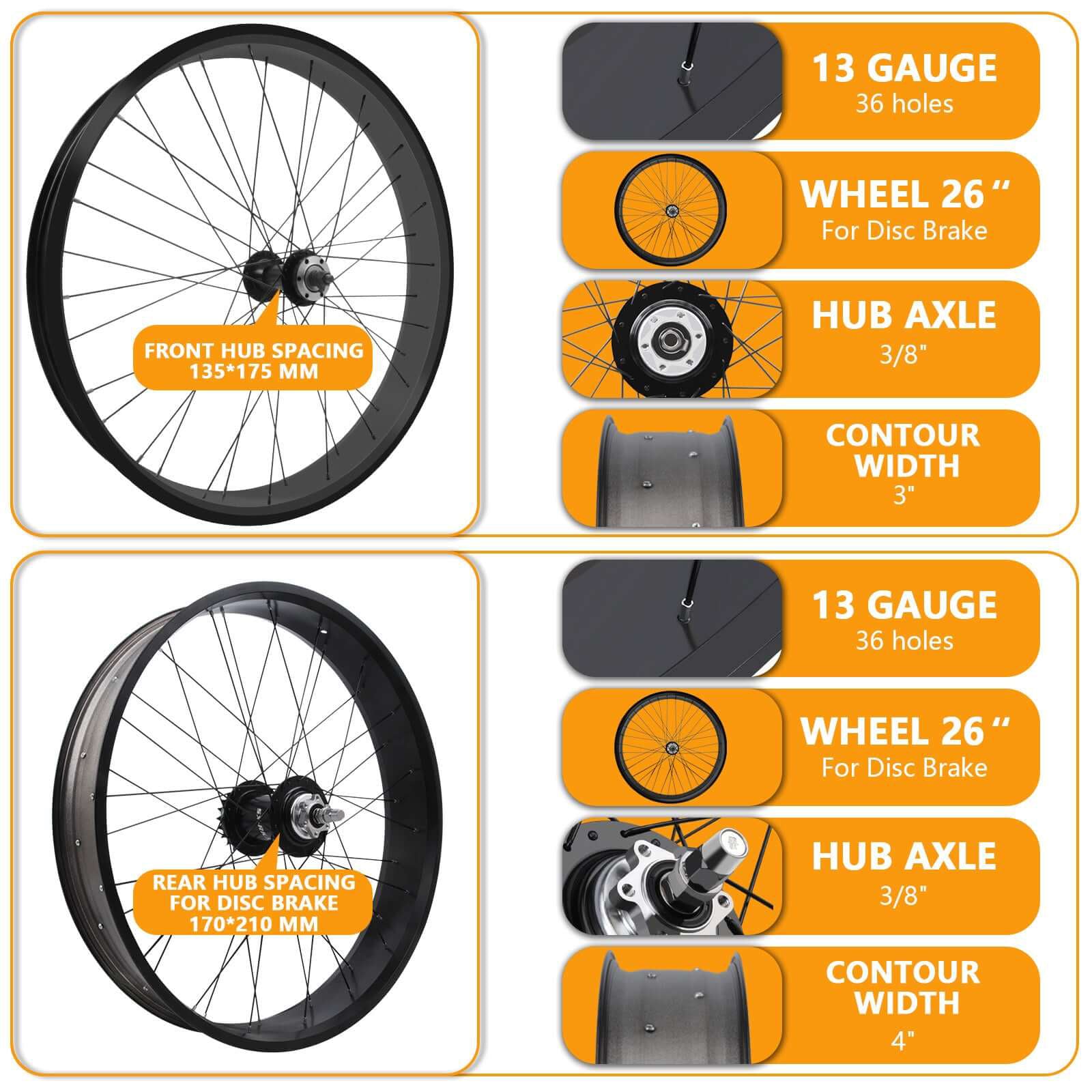 Tracer WH-TR952636RK3 3F/R Wheel Set 26"x4.0 Alloy Fat Rims Sturmey Archer SX-RK3 Inter 3-speed Tracer Bikes