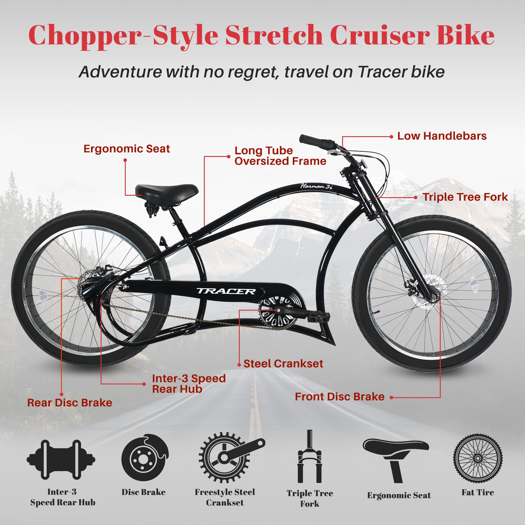 Tracer Harman 3i 26'' Vintage Internal 3-Speed Chopper Stretch Fat Tire Bike