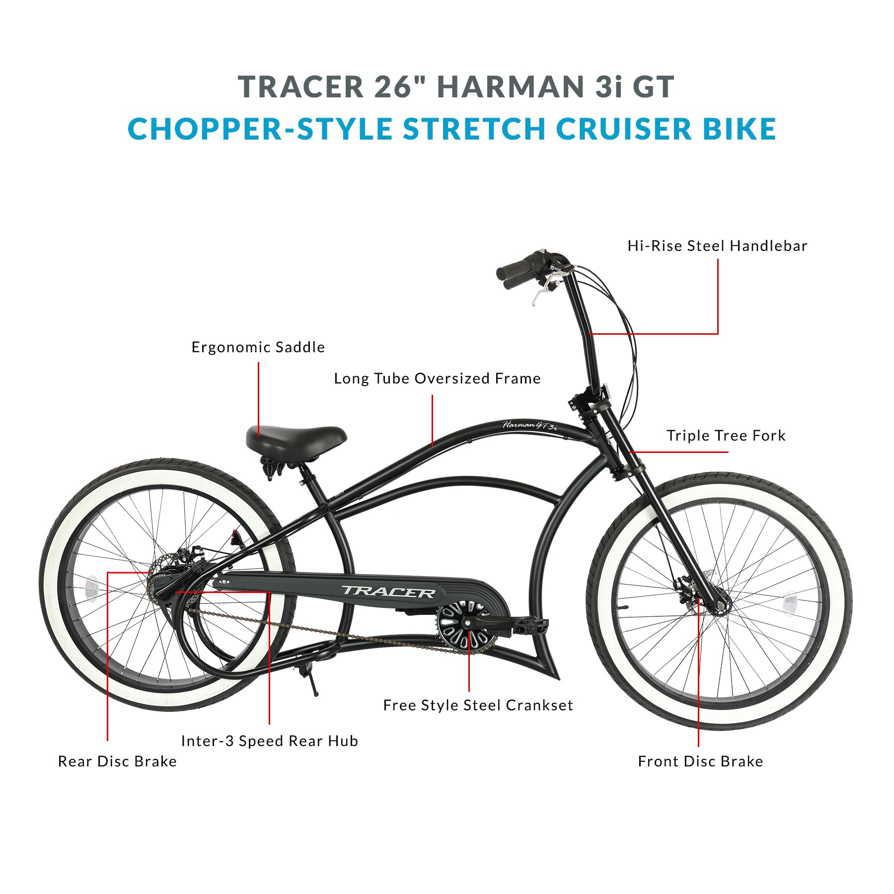 Tracer Harman 3i 26'' Vintage Internal 3-Speed Chopper Stretch Fat Tire Bike