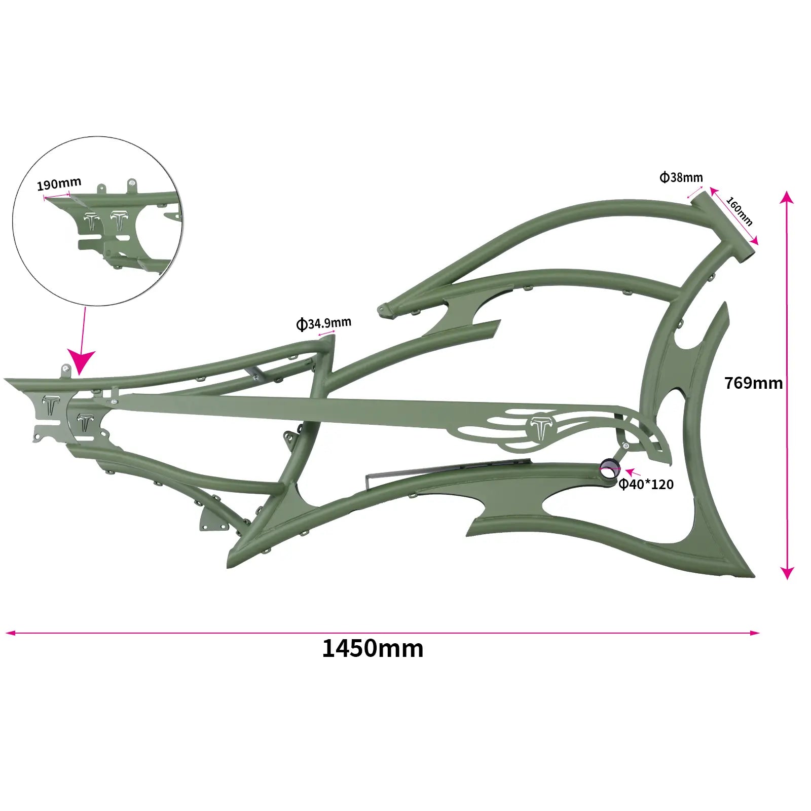 Tracer FM-RAPTOR matte army green 26-inch stretch chopper ebike frame dimensions and specifications with detailed measurements