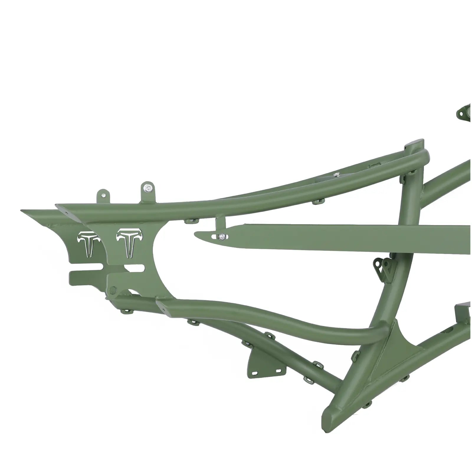 Matte army green Tracer FM-RAPTOR 26" stretch chopper ebike frame with single or 7-speed options and space for 800W motor.