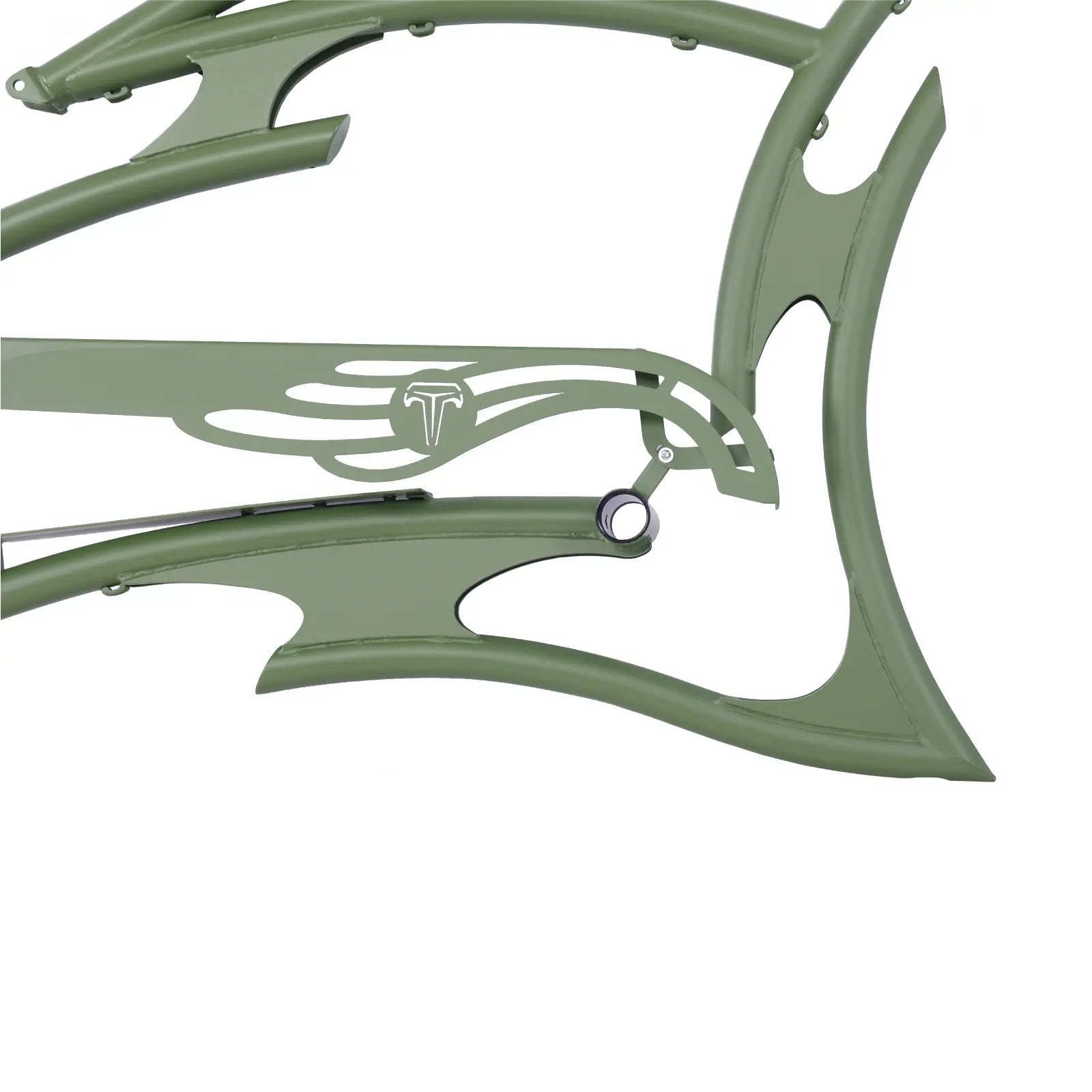 Tracer FM-RAPTOR matte army green 26-inch stretch chopper ebike frame with unique design elements for single or 7-speed bikes.