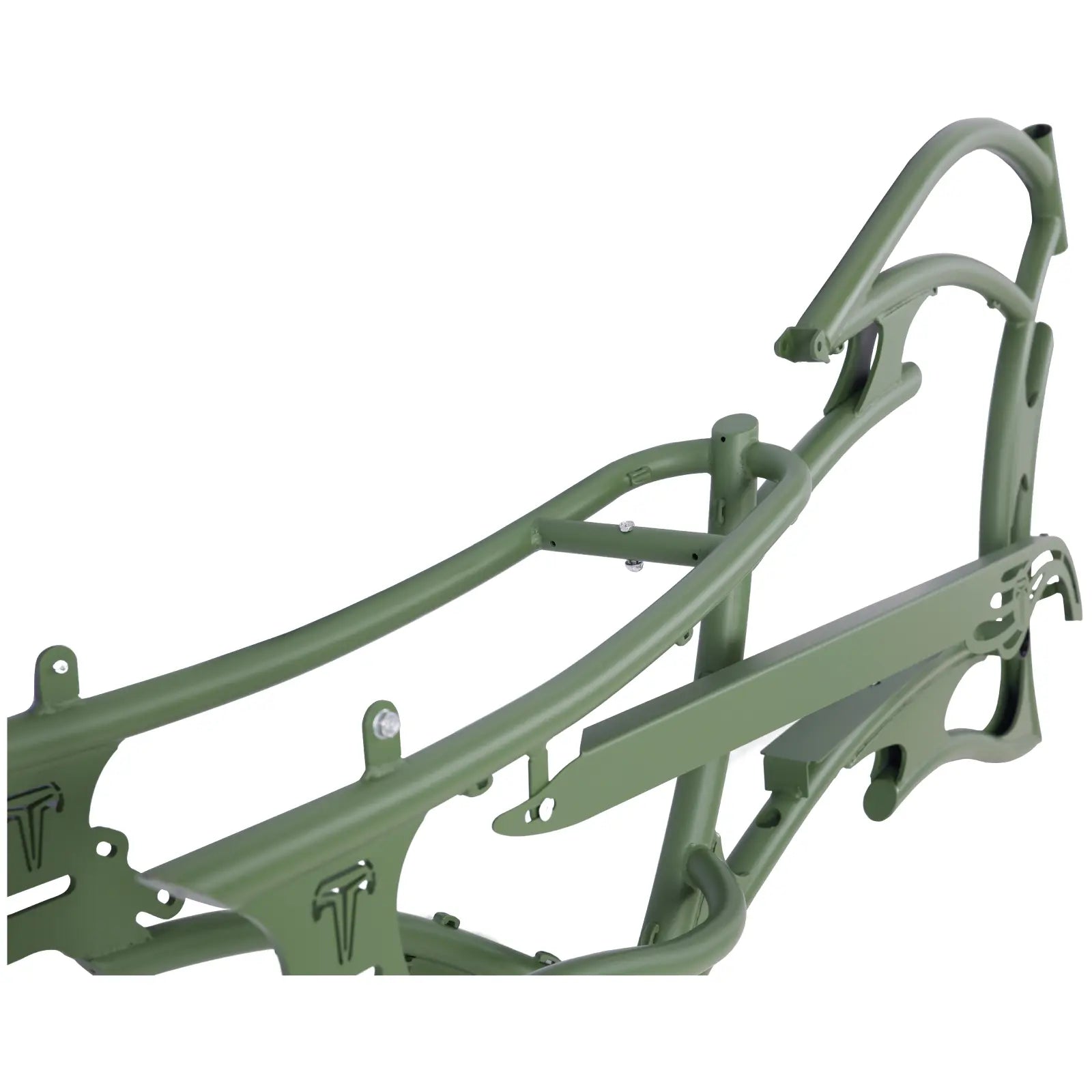 Matte army green Tracer FM-RAPTOR ebike frame, 26-inch stretch chopper design, ideal for 7-speed setup, featuring chainguard and fender.