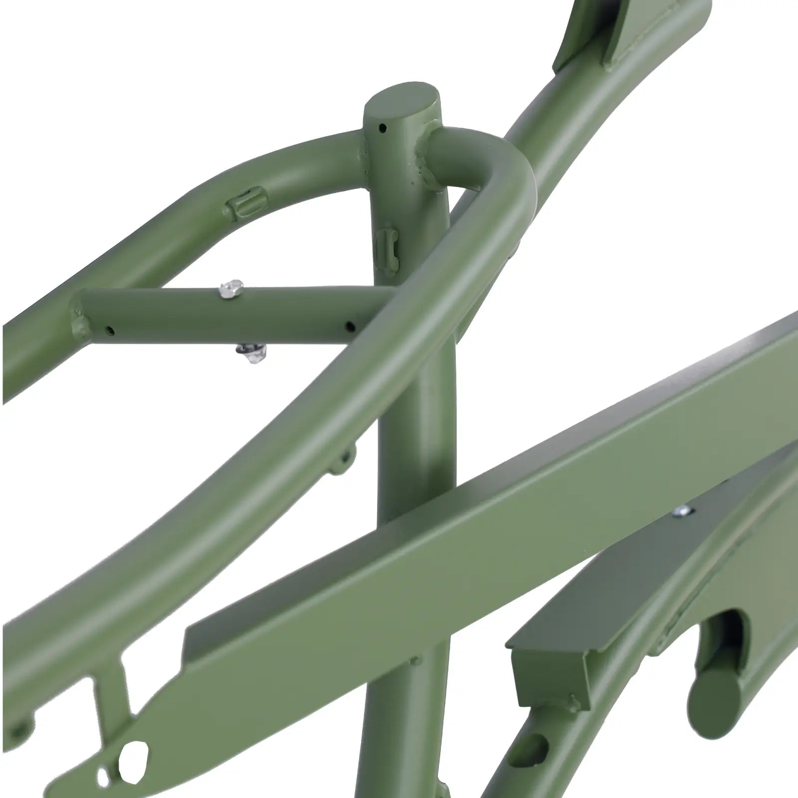 Matte Army Green Tracer FM-RAPTOR 26" Ebike Frame for 7-speed, featuring chainguard, fender, and shock absorber.