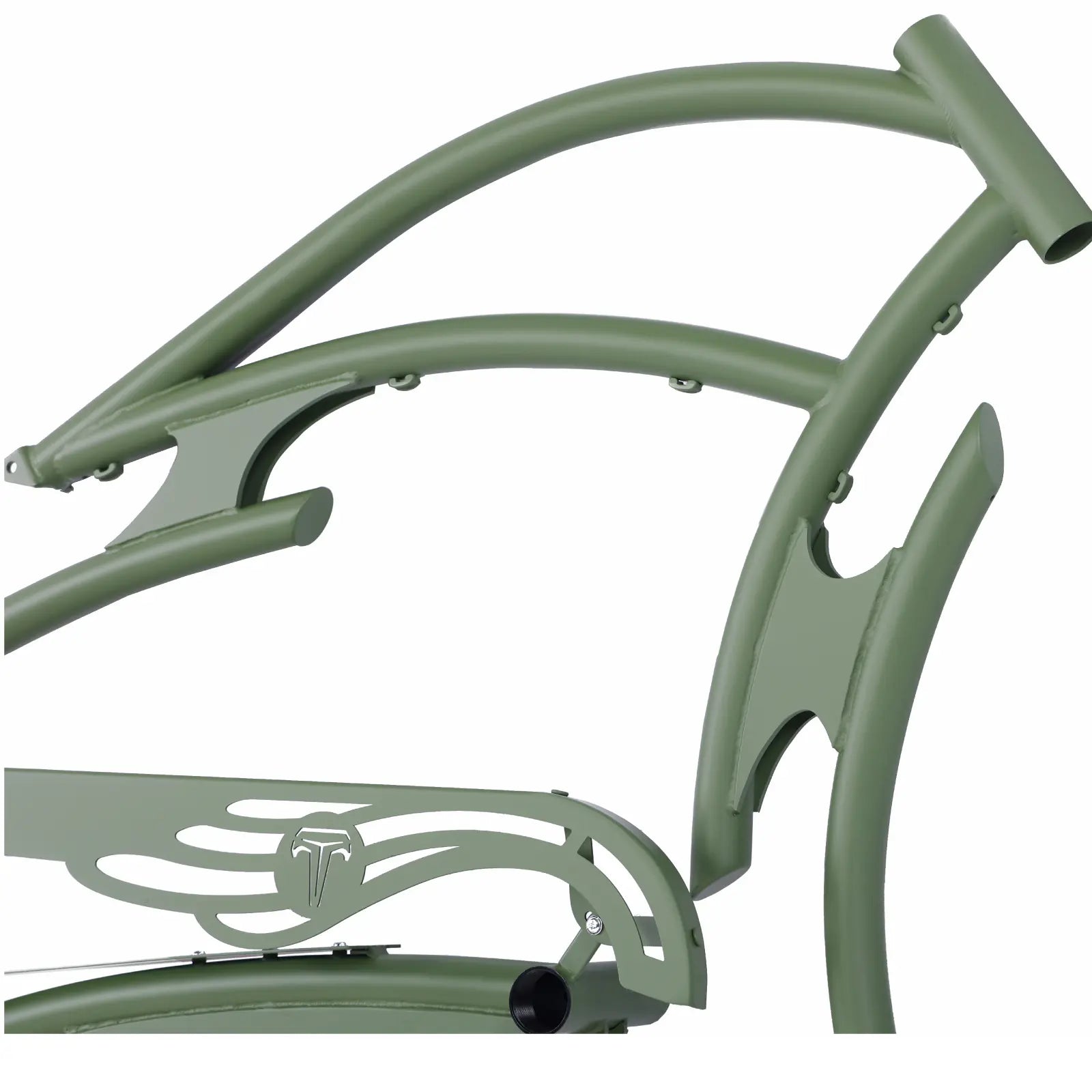 Matte army green Tracer FM-RAPTOR Ebike frame, 26-inch stretch chopper design, includes chainguard and fender.