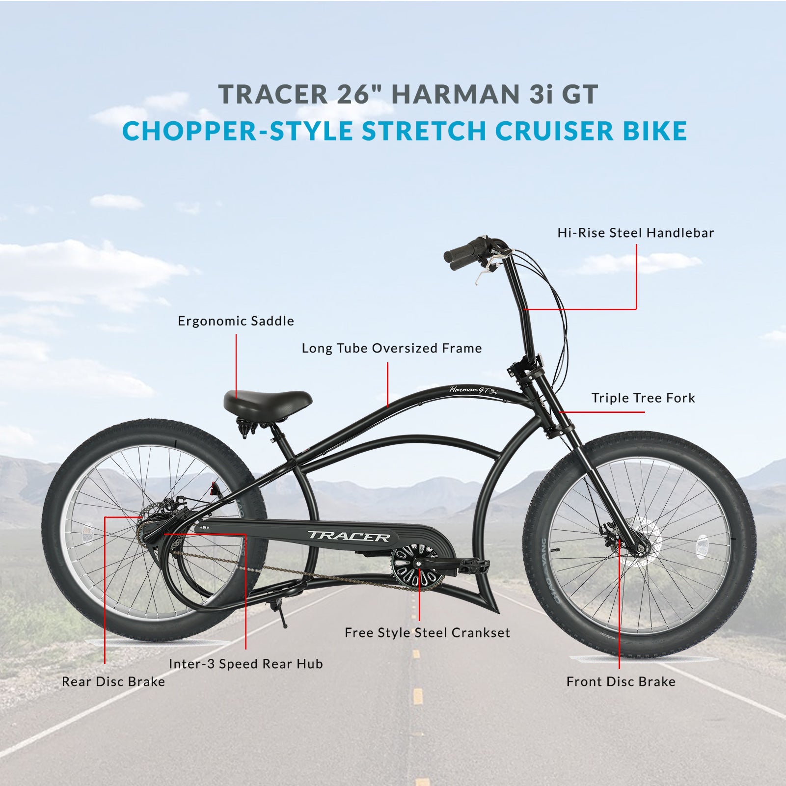 Tracer Harman 3i 26'' Vintage Internal 3-Speed Chopper Stretch Fat Tire Bike