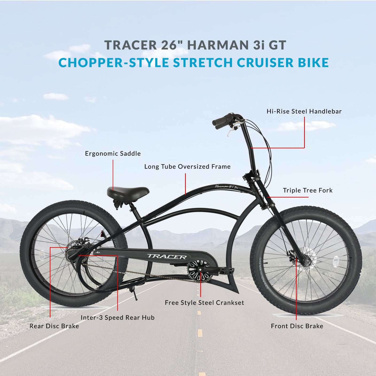 Tracer Harman 3i 26'' Vintage Internal 3-Speed Chopper Stretch Fat Tire Bike