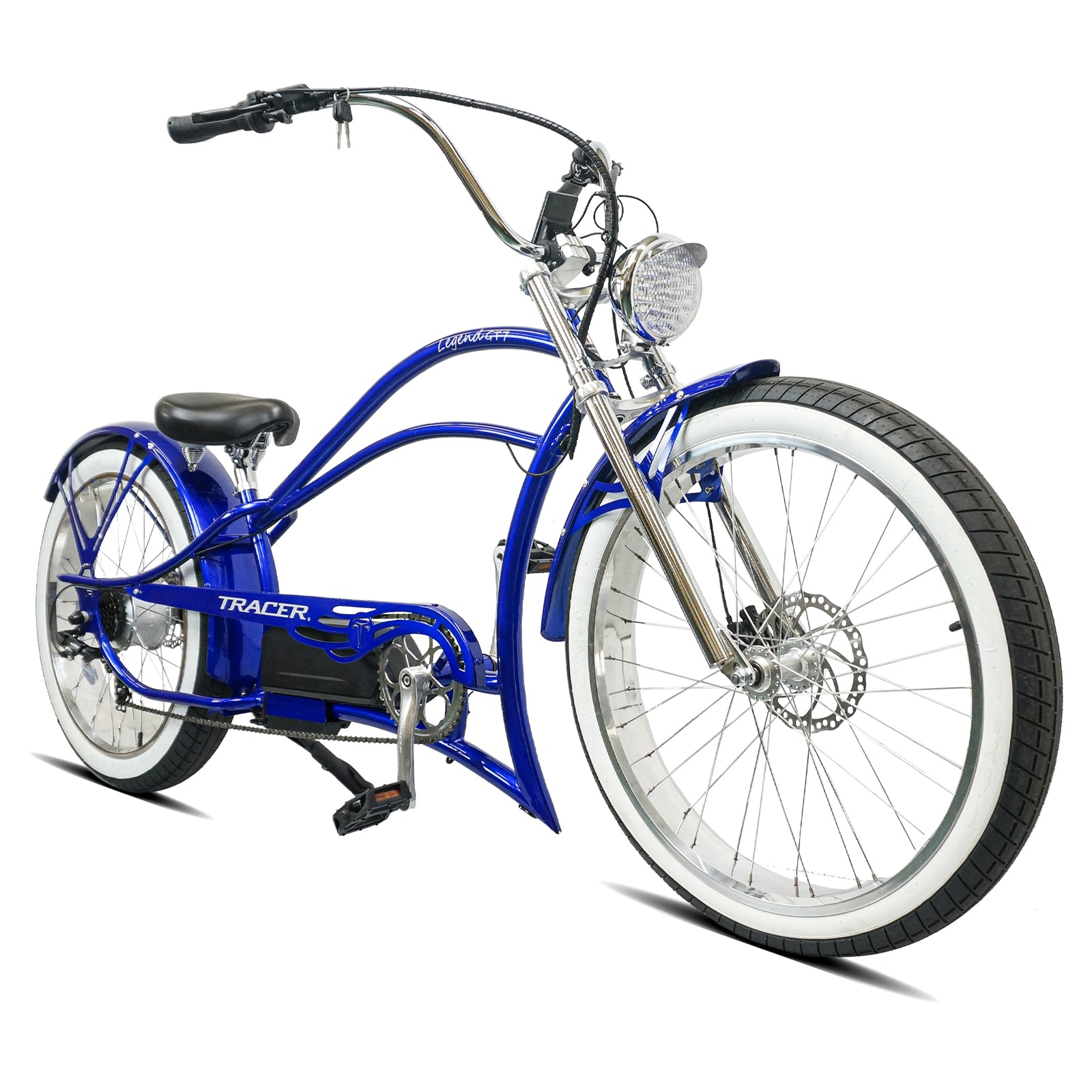Front angle of the blue Legend GT7 1000W Stretch Cruiser Chopper Bike