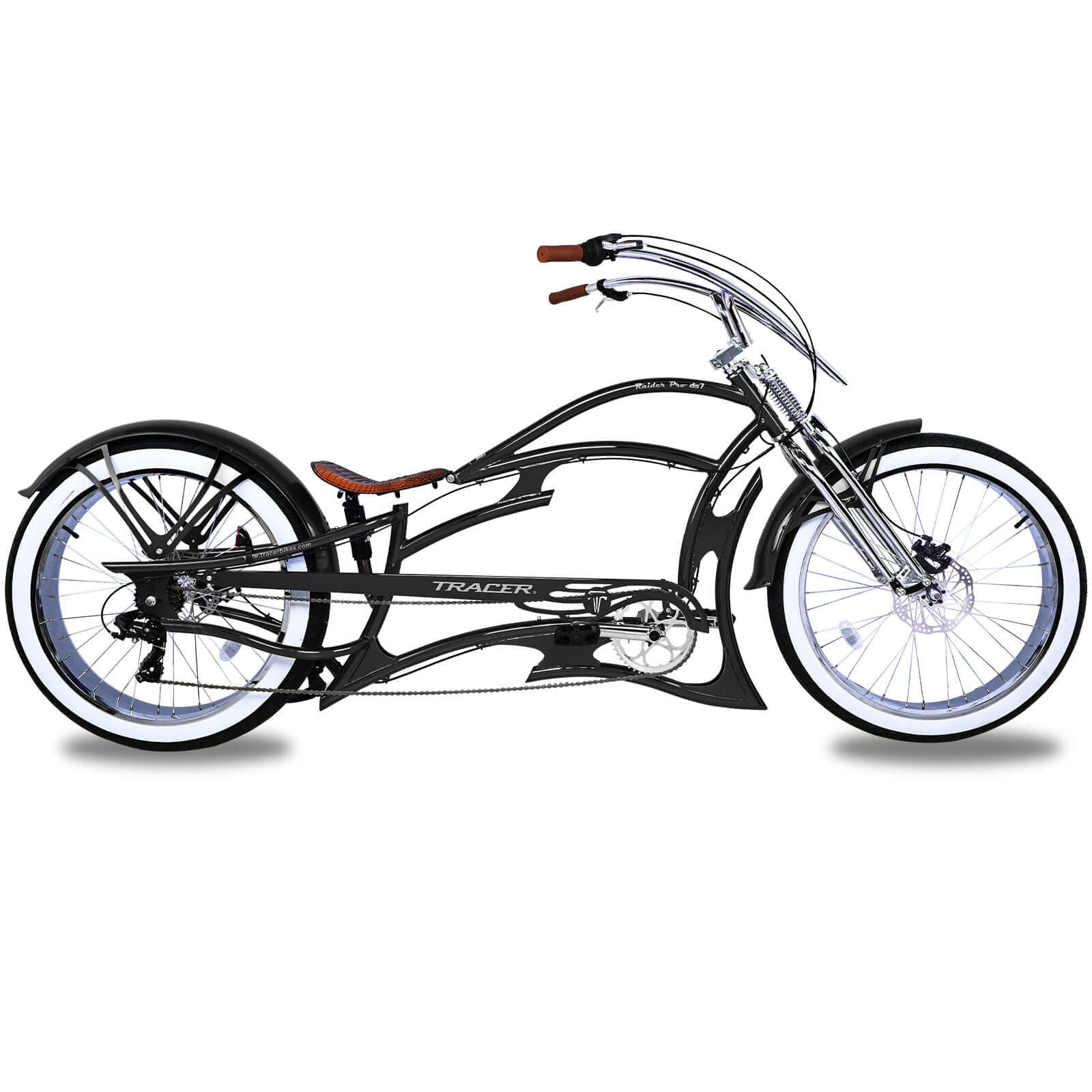 Profile of the black Raider Pro DS7 Stretch Chopper Cruiser Bike.