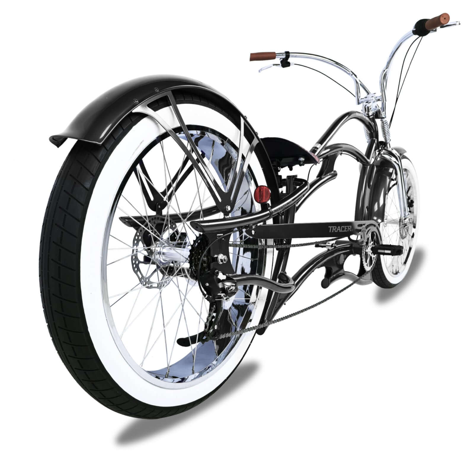 Rear view of the black Raider Pro DS7 Stretch Chopper Cruiser Bike, highlighting the rear wheel.