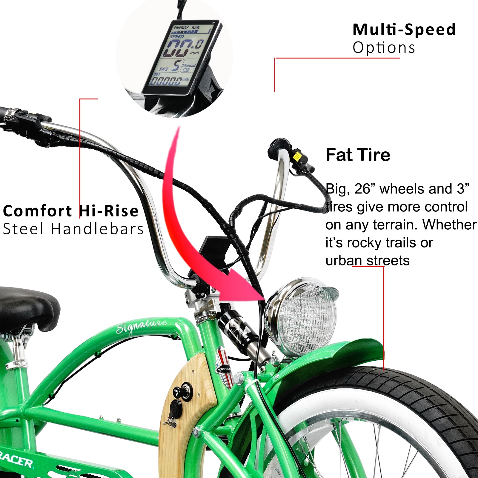 Tracer Signature Pro 26'' 800W Chopper Cruiser Electric Bike w/ Cigarette  Lighter & USB Charging Port