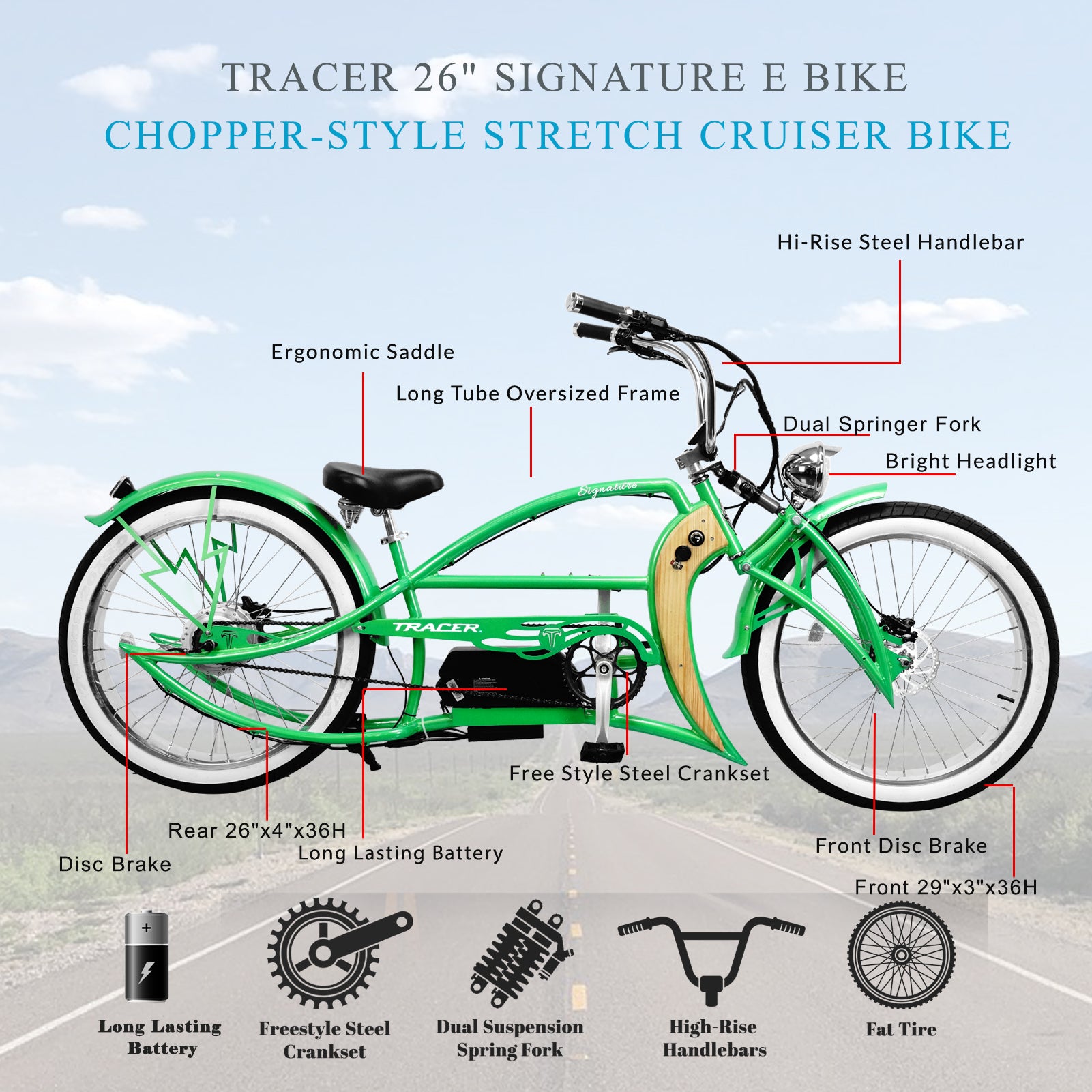 Tracer Signature Pro 26'' 800W Chopper Cruiser Electric Bike w/ Cigarette  Lighter & USB Charging Port