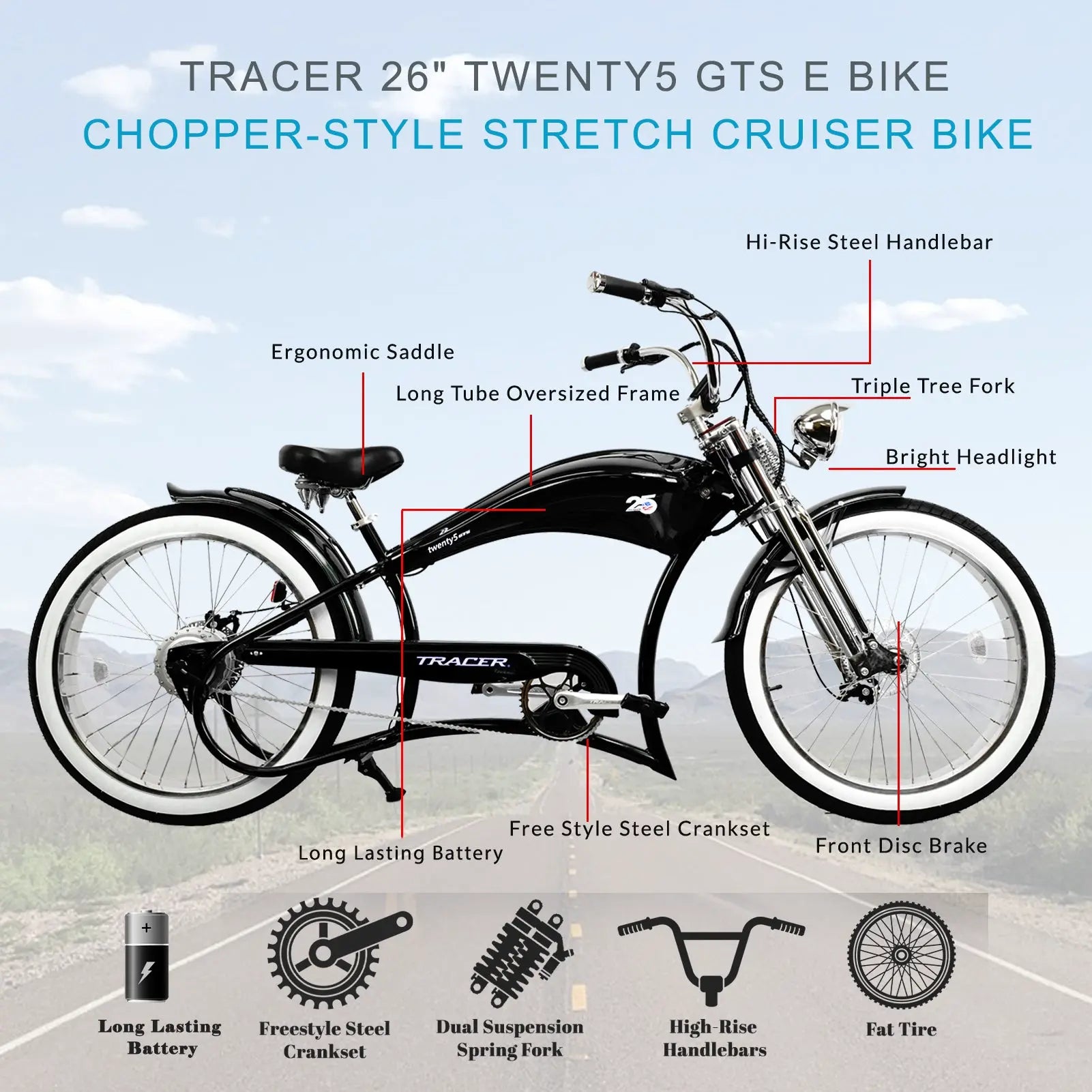 Tracer Twenty5 GTS 500W 26" Cruiser E-Bikes