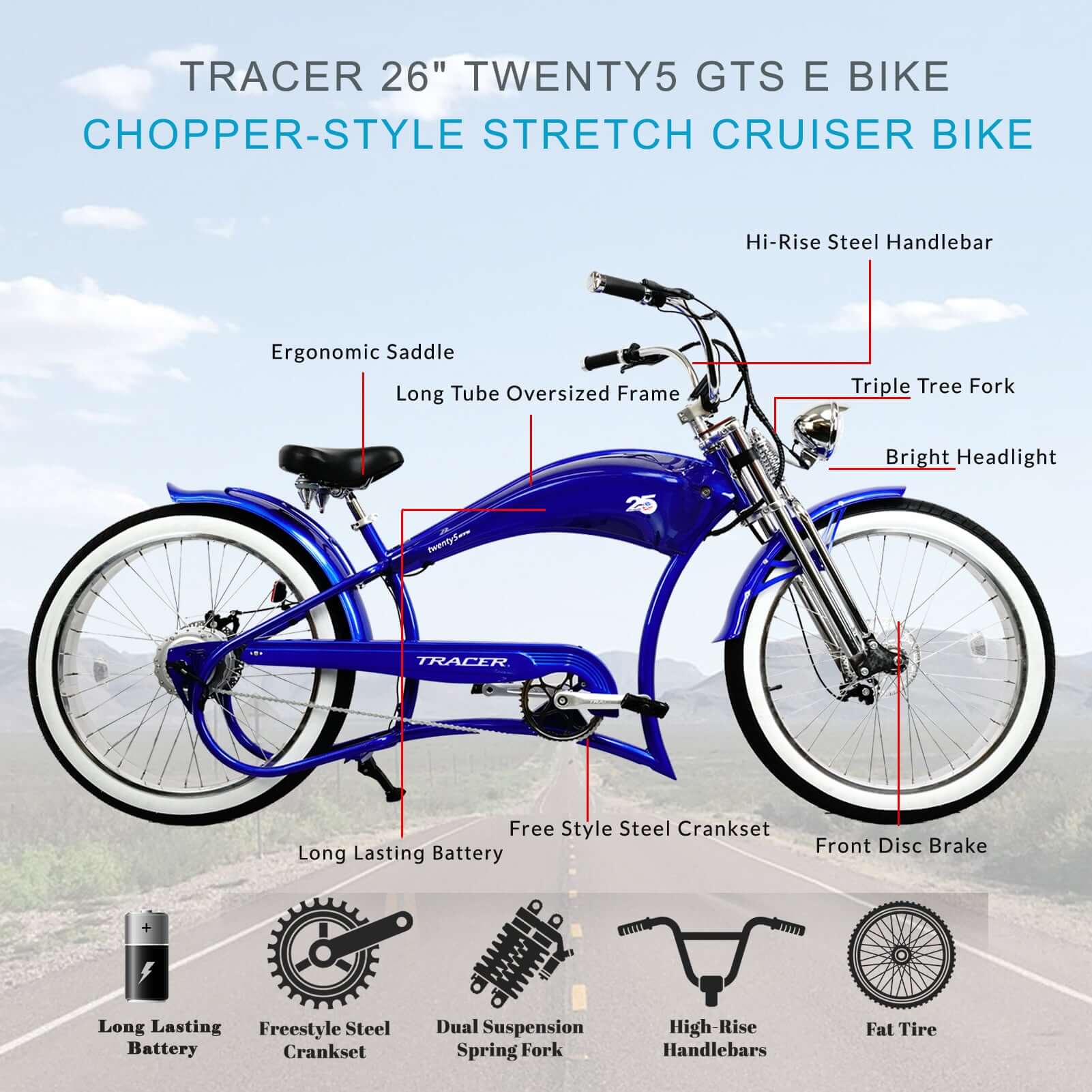 Tracer Twenty5 GTS 500W 26" Cruiser E-Bikes